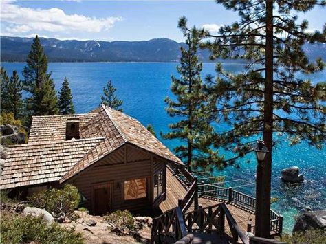 http://www.frontdoor.com/photos/tour-howard-hughes-former-lake-tahoe-estate Lake Tahoe Cabin, Tahoe Cabin, Wooden Cabin, Crystal Bay, Howard Hughes, Lakefront Property, Hgtv Dream Home, Lakefront Homes, Lake Cabins