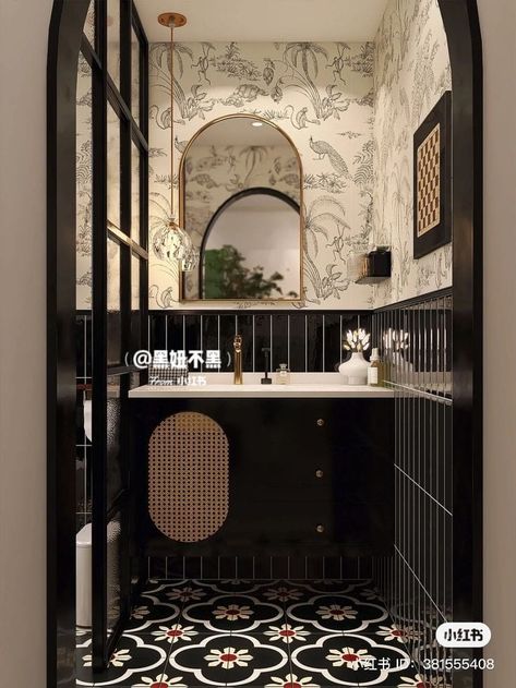 Le hameau des Favorites added a... - Le hameau des Favorites Japanese Wallpaper Bathroom, Toilet Room Wallpaper Ideas, Aesthetic Powder Room, Shower Tile Mosaic, Showering Tips, Bathroom Design With Wallpaper, Shower Upgrades, Baby Shower Aesthetic, Arched Cabinets