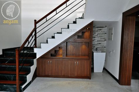 Stair Furniture Ideas, Duplex Under Stairs Ideas, Under Stairs Crockery Unit, Staircase Furniture Ideas, Staircase Under Ideas Interior Design, Crockery Unit Under Staircase, Stair Cupboard Ideas, Staircase Cupboard Ideas, Duplex Stairs Design