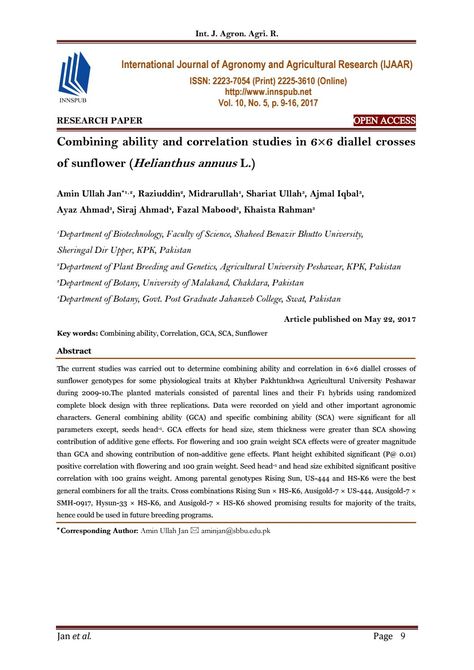 Combining ability and correlation studies in 6×6 diallel crosses of sunflower (Helianthus annuus L.) Day Old Chicks, Agricultural Science, Helianthus Annuus, Group 1, Research Paper, Sunflower, Science, Diet