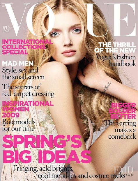 Cover with Lily Donaldson March 2009 of GB based magazine Vogue UK from Condé Nast Publications including details. (ID:20) Agyness Deyn, Daria Werbowy, Nick Knight, Lily Donaldson, Vogue Magazine Covers, Magazine Vogue, Secret Dress, Anja Rubik, Vogue China