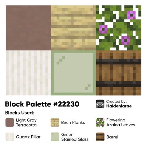 Minecraft Patterns Wall, Minecraft Blocks That Go Together, Minecraft Aesthetic Block Palette, Minecraft Block Palette Aesthetic, Mc Block Palettes, Mc Block Pallets, Minecraft House Color Palette, Color Palette Minecraft, Block Pallet Ideas Minecraft