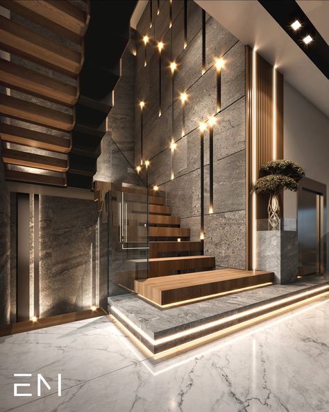 Modern Steps Indoor, Staircase Design Modern With Lift, Luxury Staircase Modern Stairways, Grand Staircase Entrance Modern, Luxury Villa Stairs Design, Contemporary Stairs Design, Modern Stairway, Luxury Stairs Grand Staircase, Entrance Stairs