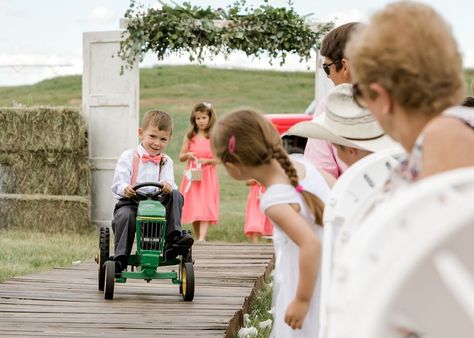 John Deere Wedding, Tractor Wedding, Farmer Wedding, Country Farm Wedding, Ring Bearer Proposal, Fairy Lights Decor, John Deere Tractor, Wedding Site, Wishful Thinking