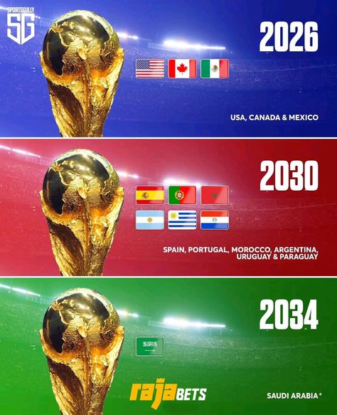 Excited for the future of football! 🌍⚽️ The next 3 FIFA World Cups are set to be unforgettable: 2026 - USA, Canada, & Mexico 🇺🇸🇨🇦🇲🇽 2030 - Spain, Portugal, & Morocco 🇪🇸🇵🇹🇲🇦 2034 - Saudi Arabia 🇸🇦 Get ready for epic matches and new champions! 🏆✨ #FIFAWorldCup Fifa World Cups, World Cup Champions, Club World Cup, Spain Portugal, Media Platform, Fifa World Cup, Football Soccer, Graphic Design Logo, Saudi Arabia