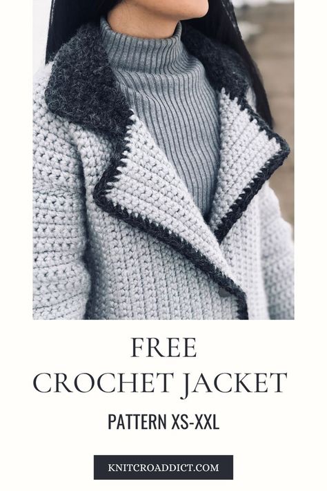 Learn how to make a modern crochet jacket with this free crochet jacket pattern and video tutorial. Includes women's sizes XS-XXL. #crochetpattern #moderncrochet #freecrochet Crochet Coat Free Pattern, Free Crochet Jacket Patterns, Crochet Coat Pattern, Crochet Jacket Pattern, Cardigan Au Crochet, Blazer Pattern, Pull Crochet, Crochet Vest Pattern, Crochet Coat