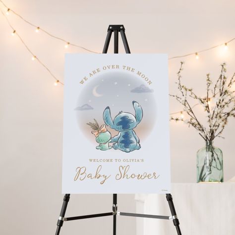 Decorate your baby shower with this "Over the Moon" Lilo and Stitch Foam Board, ideal for creating a magical atmosphere at your event. #FoamBoard #LiloAndStitch #BabyShowerDecor #OverTheMoon #StitchFan #DisneyBaby Lilo And Stitch Baby Shower Theme, Stitch Baby Shower Theme Boy, Stitch Baby Shower Ideas, Stitch Baby Shower Theme, Stitch Wedding, Gender Reveal Baby Shower Themes, Hawaiian Girl, Disney Baby Shower, Moon Baby Shower