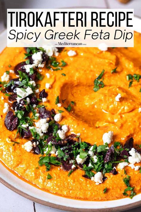 Tirokafteri, or spicy dip that combines creamy feta and hot peppers, is a classic Greek appetizer that’s perfect for feeding a crowd. Italian Pepper Feta Dip, Spicy Whipped Feta, Hot Pepper Feta Dip, Tirokafteri Recipe, Spicy Baked Feta Dip, Spicy Feta Dip Greek, Mediterranean Appetizers, Greek Appetizers, Spicy Dip