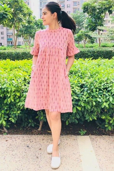 7949e456002b28988d38185bd30e77fddesc48223812ri Knee Length Dresses Casual, Ikkat Dresses, Cotton Short Dresses, Simple Kurta, Casual Frocks, Ikat Dress, Simple Kurti, Indian Kurti, Simple Kurta Designs