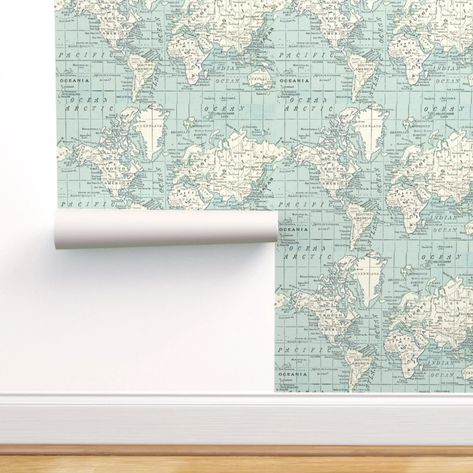 Maps Wallpaper Soft Blue and Cream Map by Aftermyart World | Etsy World Map Vintage, Wallpaper Soft, Map Vintage, Boy’s Room, Map Wallpaper, Travel Wallpaper, Cheater Quilt, Stick On Wallpaper, Vintage Maps