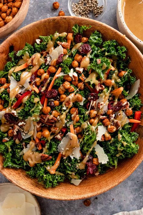 Chickpea Kale Salad Recipe With Lemon Tahini Dressing Lemon Tahini Salad, Chickpea Kale Salad, Easy Kale Salad, Salad Easy Recipe, Roasted Chickpea Salad, Air Fryer Chickpeas, Healthy Eating Books, Christmas Salad Recipes, Recipe With Lemon