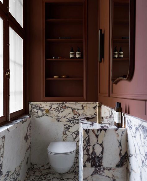 Moody Water Closet Ideas, Cloakroom Design Ideas, Plum Bathroom Decor, Maroon Powder Room, Burgundy Toilet Room, Oxblood Bathroom, Brown Bathroom Cabinets, Dark Red Bathroom, Soho House Bathroom