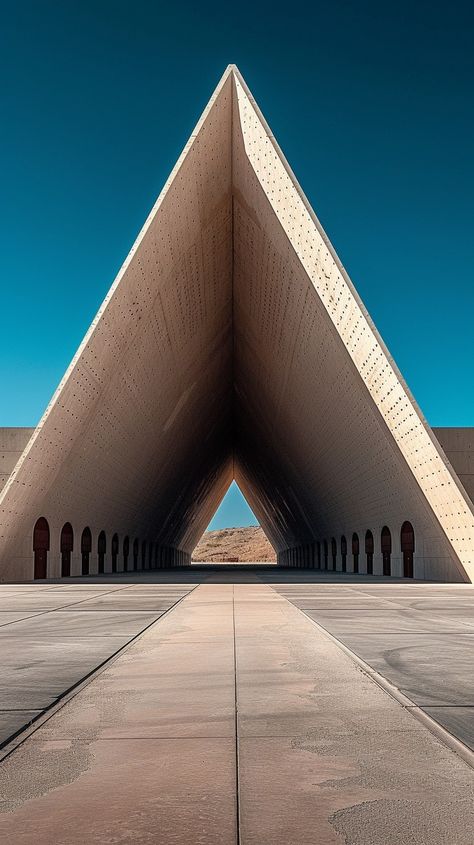 Modern Architectural Marvel: This captivating photo showcases a striking triangular structure with an expansive view invoking a sense of #wonder. #architect #symmetry #contemporary #buildingdesign #skyline #aiart #aiphoto #stockcake ⬇️ #Download and 📝 #Prompt 👉 https://stockcake.com/i/modern-architectural-marvel_344279_510207 Angles In Architecture, Triangles Photography, Symmetry In Architecture, Triangle Architecture, Triangular Architecture, Symmetry Photography, Design Symmetry, Architecture School, Bjarke Ingels