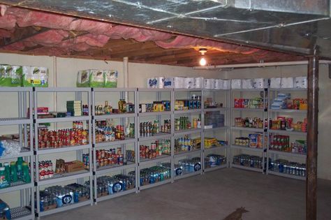 Preppers List : 10 Things To Do Now! Classy Basement, Unfinished Basement Storage, Basement Storage Shelves, Preppers List, Food Storage Rooms, Preppers Pantry, Basement Organization, Storage Decor, Basement Storage