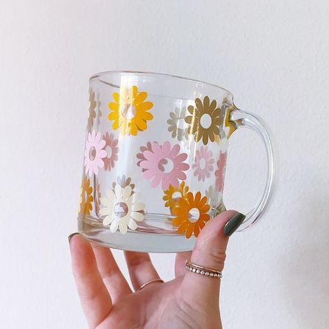 Pretty Mug Designs, Aesthetic Coffee Mugs, Spring Mugs, Clear Coffee Mug, Clear Mug, Clear Glass Coffee Mugs, Clear Coffee Mugs, Fancy Cup, Painting Glass Jars