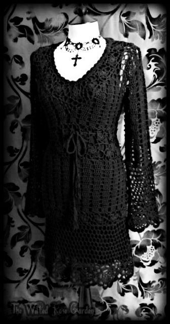 Gothic Crochet Dress, Goth Crochet Ideas, Goth Crochet Patterns, Crochet Spring Dresses, Gothic Crochet, Goth Crochet, Wilted Rose, Knit Bell Sleeve, Gothic Boho