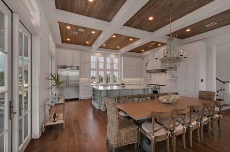 Delightfully chic beach house nestled along the Florida seaside Modern Kitchen Tiles, Kitchen Ceiling Design, Chic Beach House, Wooden Ceiling, Ceiling Ideas, Kitchen And Dining Room, Kitchen Ceiling, Wooden Ceilings, Living Room Ceiling