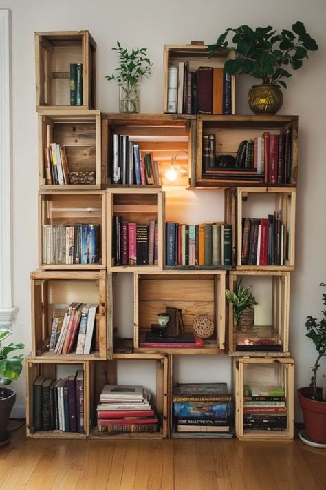 "Transform wooden crates into a beautiful and practical bookshelf! 🛠️📚 Ideal for creating custom storage with a rustic, handmade feel. 🌿✨ #DIYBookshelf #WoodCrafts #HomeDecor" Homemade Library Bookshelves, Book Furniture Diy, Homemade Wood Shelves, Creative Bookshelf Ideas, Book Case Diy Ideas, Wooden Bookshelf Design, Diy Book Display, Creative Bookshelves Diy, Wood Crate Bookshelf