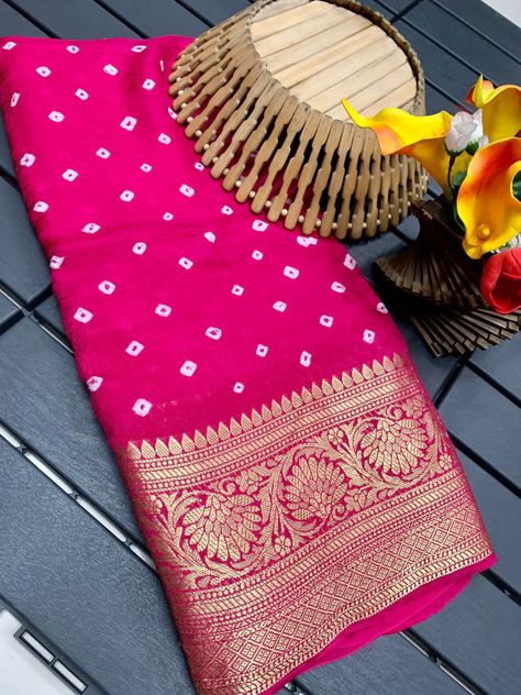 Too pretty and beautiful boutique series Kanjivaram 🔴Order on WhatsApp: 9537461417 New premium and high quality , comfortable Bandhej silk drapes with Kanchipuram jari border that is super stylish and pretty Pure Bandhej silk saree made by original Bandhej with Kanchipuram zari weaving big Border with Zari Weaving Rich Pallu saree with beautiful design and having a big broad border. Nevertheless pairs with blouse worked with fully weaving zari Border(image shown) Ready 30 colour Read Silk Drapes, Bandhani Saree, Fashion Attire, Kurti Designs, Silk Saree, Silk Sarees, Beautiful Design, Weaving, Saree