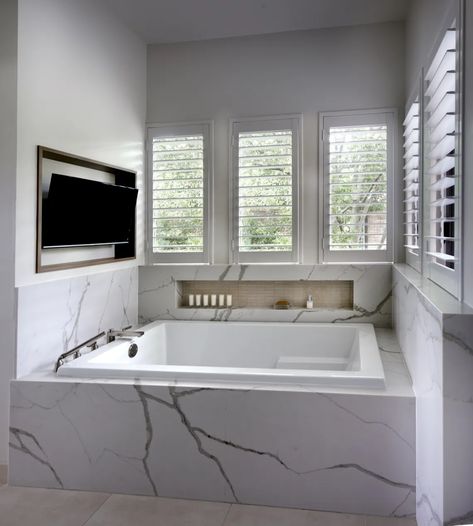 Tub Surround & Niche Bathtub With Tv On Wall, Tv Above Bathtub, Built In Bathtubs, Tile Around Bathtub Tub Surround, Tile Around Bathtub, Master Bathtub, Tv Niche, Niche Wall, Built In Bathtub