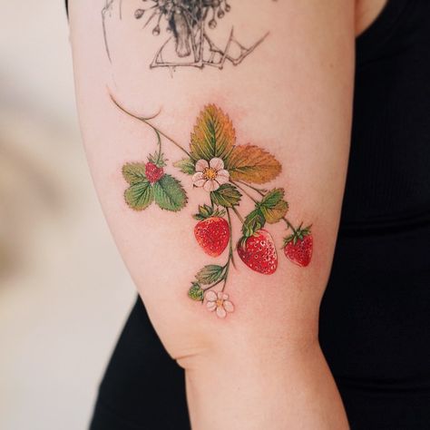 Strawberries 🍓 . . . . . . . . . . . . . #colortattoo #strawberries #strawberrytattoo #cutetattoo #tattooideas #tattooart #tattooforgirls … | Instagram Color Strawberry Tattoo, Strawberry Ankle Tattoo, Strawberry Collarbone Tattoo, Wild Strawberries Tattoo, Wild Strawberry Tattoo, Strawberry Plant Tattoo, Strawberry Vine Tattoo, Strawberry Tattoos, Honeysuckle Tattoo