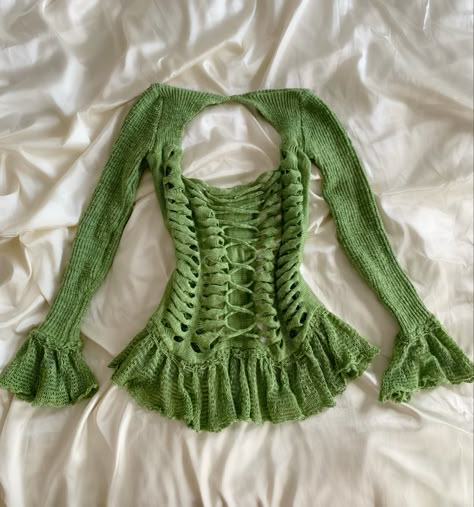 Long sleeve corset top in leaf green Eclectic Townhouse, Knit Corset Top, Fairy Core Outfits, Fairy Glitter, Aesthetic Tops, Long Sleeve Corset Top, Long Sleeve Corset, Fairy Top, Machine Knit