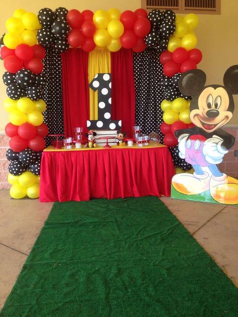 Red, black and yellow Mickey Mouse birthday party! See more party ideas at CatchMyParty.com! Mickey Mouse Clubhouse Birthday Party Decorations, Γενέθλια Mickey Mouse, Mickey Mouse Theme Party, Mickey Mouse Birthday Theme, Mickey Mouse Birthday Decorations, Mickey 1st Birthdays, Mickey Mouse Bday, Mickey Mouse Themed Birthday Party, Fiesta Mickey Mouse