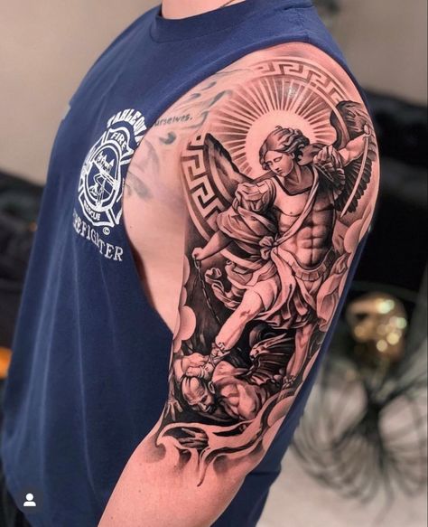 Upper Arm Tattoos For Guys, Archangel Michael Tattoo, St Michael Tattoo, Cover Up Tattoos For Men, Saint Tattoo, Photographer Tattoo, Geometric Tattoo Sleeve Designs, Archangel Tattoo, Catrina Tattoo