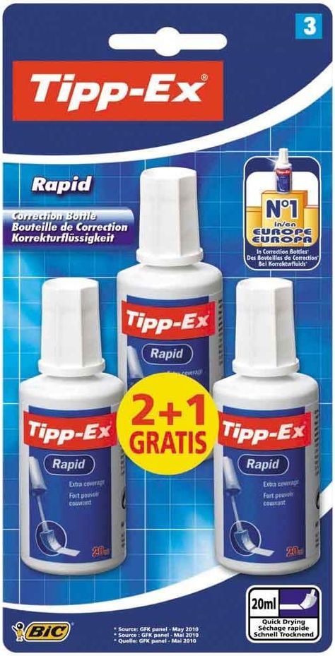 Tipp-Ex Rapid is a high quality liquid corrector that wipes out mistakes big and small
Convenient foam applicator for clean accurate corrections
Rapid correction fluid that dries in a flash for easy do-overs on any type of paper
Long-lasting 20 ml bottles of solid white fluid, enough to take on all your mistakes
Pack Size: 3 Correction Fluid, Wipe Out, Irritated Skin, Quick Dry, Hand Soap Bottle, Office Supplies, High Quality, White