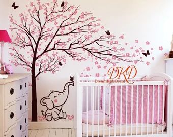 DreamKidsDecal | Etsy Cherry Blossom Nursery, Elephant Wall Decal, Pink Blossom Tree, Tree Decals, Room Stickers, Floral Nursery, Sticker Wall, Tree Wall Decal, Pink Trees