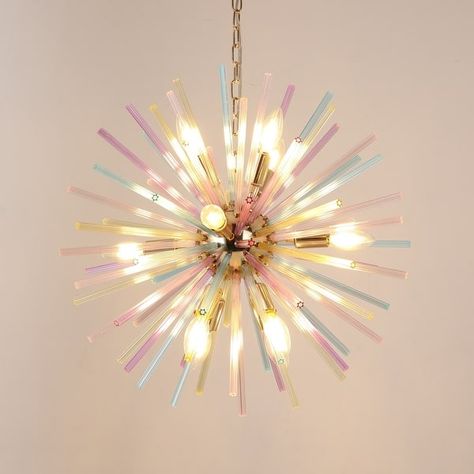 12-Light Modern Glam Linear Sputnik Chandelier for Dining Room Starburst Firework Island Pendant Light - 22 in. W x 22 in. H - On Sale - Bed Bath & Beyond - 40040151 Playroom Chandelier, Iridescent Room Decor, Colorful Light Fixtures, Bedroom Lamps Ceiling Hanging, Hall Ceiling Lights, Pastel Chandelier, Bedroom Chandelier Ideas, Whimsical Chandelier, Chandelier Nursery