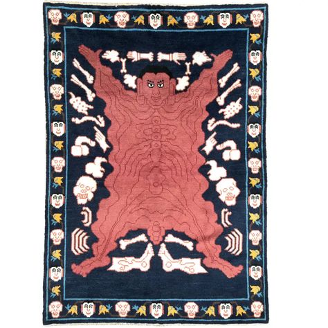 For Sale on 1stdibs - A vintage Tibetan Tantric carpet from the mid-20th century with a pictorial design of a flayed man. The macabre motif sits atop a deep blue field. Employed Multi Colored Rug, Pictorial Design, Mohawk Carpet, Colored Rug, Cultural Art, Tibetan Rugs, Tibetan Art, Eclectic Rugs, Large Area Rug