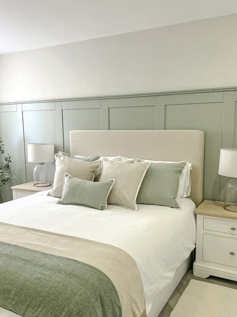 Sage Green And White Panelling, Sage Green And Natural Bedroom, Sage Wall Panelling, Cream Bedroom With Panelling, Bedroom Shaker Panelling, Bedroom Panelling Sage Green, Pale Green Panelling, Sage Green Bedroom With Panelling, Sage Green Half Panelling