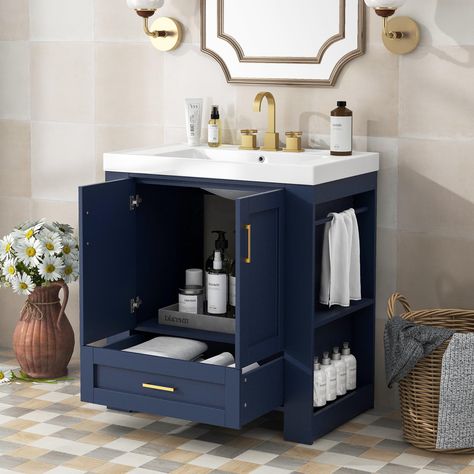 PRICES MAY VARY. 【Elegant Bathroom Vanity】This unique blue and gold color bathroom cabinet can not only meet your various storage needs functionally, but also give you a special experience visually. 【Unique Design】We have configured this bathroom cabinet with a closed storage cabinet and a large-capacity storage drawer. In addition, we also designed two layers of storage partitions and towel hanging rods on both sides of the cabinet. 【With Sink】This bathroom vanity is equipped with a three-hole 30 Inch Bathroom Vanity, 30 Bathroom Vanity, Modern Bathroom Cabinets, Gold Bathroom, Unique Bathroom, Bathroom Vanity Cabinets, Bathroom Storage Cabinet, Basin Sink, Blue Bathroom