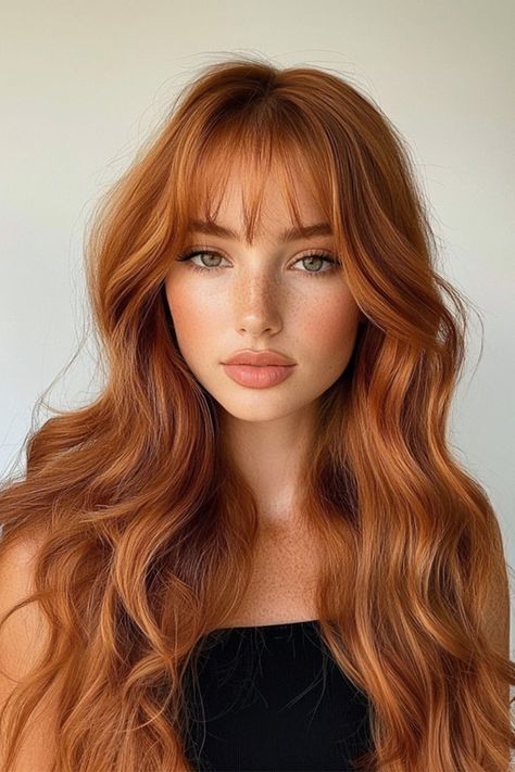 Ginger Hair Color On Tan Skin, Ginger Hair Makeup Ideas, Ginger Hair Outfits Style, Caramel Red Hair, Redhead Bangs, Long Ginger Hair, Outfits And Makeup, Ginger Makeup, Apricot Hair