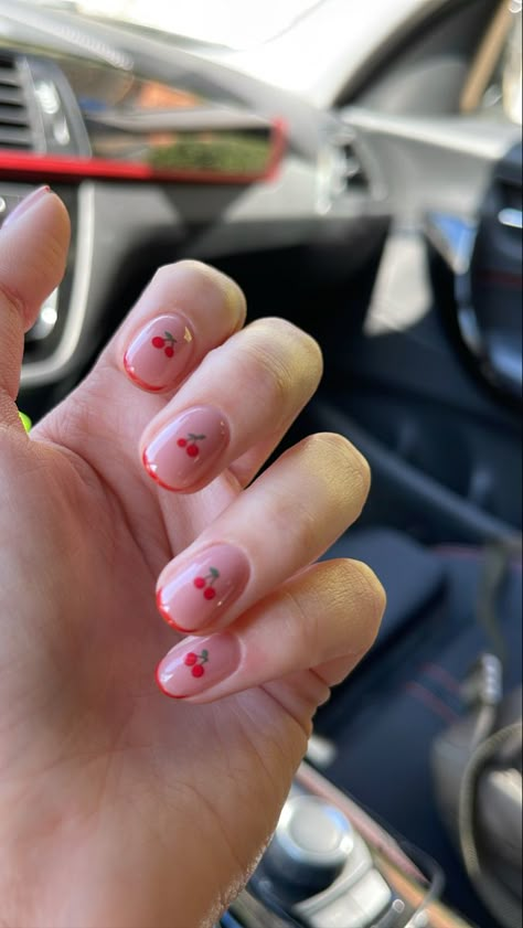 Short Nail Inspo Minimalist, Nailart For Short Nails Cute, Cherry Gel Nails Short, Cherry Nail Art Short, Simple Harry Styles Nails, Short Nails Art Spring, Cherry Nail Art Design, Cherry On Nails, Short Nails Cherry