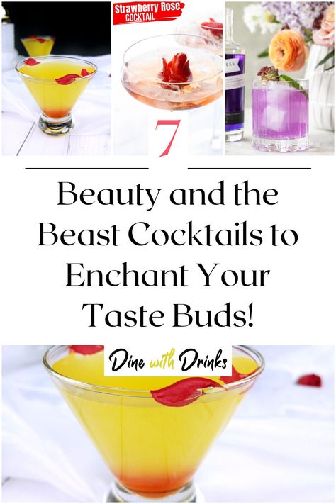 Collage of 4 beauty and the beast cocktails. Beauty And The Beast Signature Drinks, Beauty And The Beast Themed Cocktails, Beauty And The Beast Themed Drinks, Beauty And The Beast Cocktails, Beauty And The Beast Themed Dinner, Beauty And The Beast Drinks, Beauty And The Beast Menu Ideas, Beauty And The Beast Movie Night, Beauty And The Beast Snacks