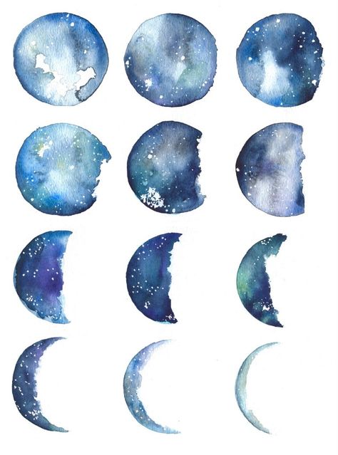 Watercolor Crescent Moon, Galaxy Art Painting, Moon Watercolor, Moon Phases Art, Watercolor Circles, Watercolor Pictures, Moon Painting, Watercolor Greeting Cards, Galaxy Art