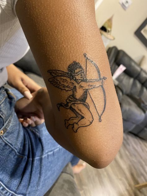 Cupid Tattoo Behind Ear, Blind Cupid Tattoo, Love Is Blind Tattoo, Cupid And Psyche Tattoo, Blind Tattoo, Shakespeare Tattoo, Dark Skin Tattoo, Cupid Tattoo, Skin Tattoo