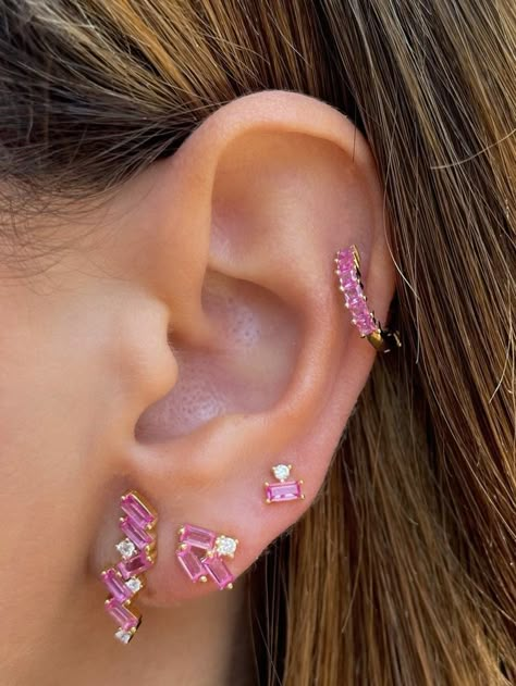 Baguette Studs, Earring Stack, Ear Climber, Bar Stud Earrings, Bar Studs, Cz Stud Earrings, Green Sapphire, Pink Earrings, Girly Jewelry