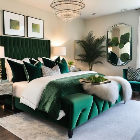 Bedroom Ideas Velvet Bed, Emerald Bedroom Ideas Color Schemes, Emerald And White Bedroom, Green Bedframe Aesthetics, Green Glam Bedroom, Emerald Green Bed Frame, Velvet Green Bed, Emerald Green Room Ideas, Emerald Bedroom Decor