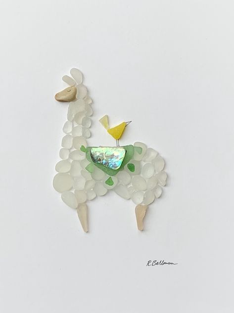 sea glass llama, an original design by Rachel Bellman featuring sea glass from around the British isles and beyond Pebble And Sea Glass Art Ideas, Sea Glass Animals, Sea Glass Crafts Ideas, Seaglass Art, Sea Glass Pictures, Sea Glass Elephant, Animal Sea Glass Art, Bear Sea Glass Art, Sea Glass Dog Picture