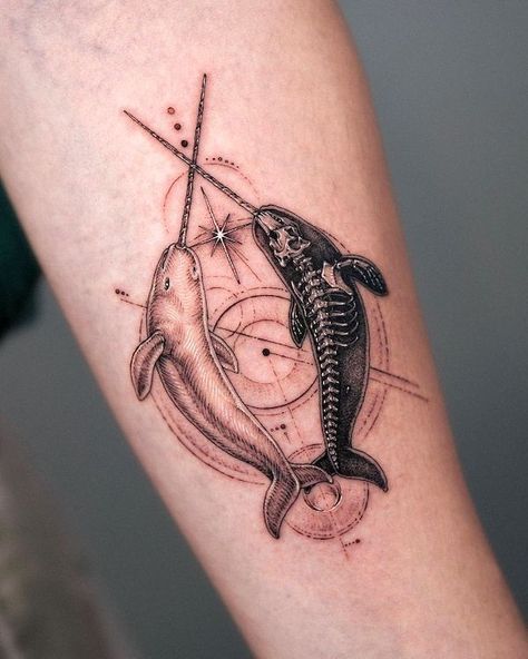 Yin and Yang Narwhal tattoo by @tattooer_intat Arctic Animal Tattoo, Narwhal Tattoo Traditional, Antarctica Tattoo, Arctic Tattoo, Polar Opposite Tattoos, Narwal Tattoo, Logan Tattoo, Narwhal Drawing, Narwhal Tattoo