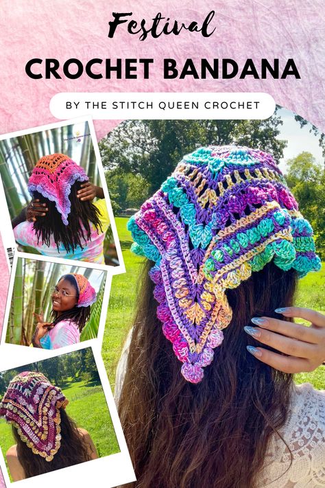 Maker your festival dreams come true this year by creating your own beautifully, unique, crochet bandana. Keep all your hair tucked away in style this festival season! There is a Free Video Tutorial + Paid Written Pattern Available! - Big Wanderlust Bandana by The Stitch Queen Crochet How To Style Crochet Bandana, Crochet Hair Bandana Tutorial, Crocheted Hair Bandana, Crochet Granny Stitch Headband, Crochet Hair Wraps Free Pattern, Crochet Boho Hat Free Pattern, Festival Crochet Patterns Free, Crocheted Bandana Free Pattern, Free Bandana Crochet Pattern