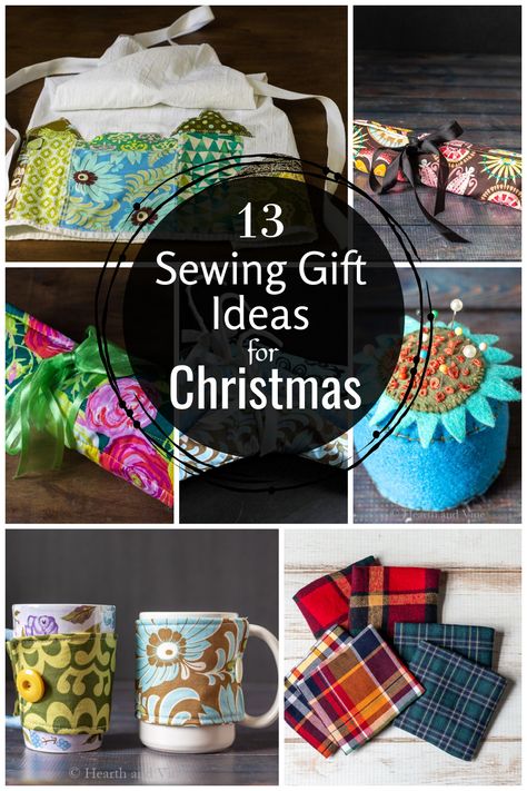 Collage of sewing gifts including hand warmers, mug covres, pin cushions, apron and makeup roll. Useful Sewn Gifts, Sewable Christmas Gifts, Easy Sewing Projects For Christmas Gifts, Quick Sewn Gifts, Easy Sewn Christmas Gifts, Christmas Gifts To Sew For Friends, Sewing Patterns Gifts, Small Sewing Projects Free Patterns, Easy Sew Christmas Gifts