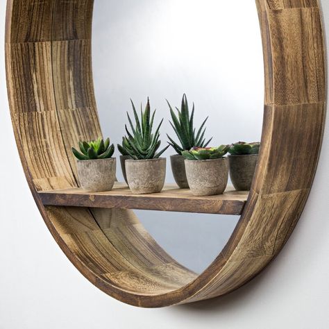 Gracie Oaks Hammd Wooden Country with Shelf Wall Mirror | Wayfair Wall Mirror With Storage, Mirror Wall Shelf, Round Wooden Mirror, Wall Mirrors With Storage, Mirror With Storage, Diy Mirror Wall, Wooden Wall Mirror, Hanging Plants Outdoor, Modern Wooden House