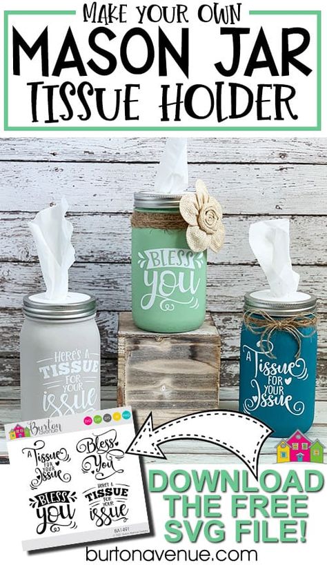 Diy Mason Jar Kleenex Holder, Mason Jar Bathroom Decor Diy, Mason Jar Crafts Cricut, Kleenex Mason Jar, Kleenex Jars Diy, Cricut Mason Jar Projects, Mason Jar Tissue Holder Diy Christmas, Diy Pickle Jar Crafts, Mason Jar Tissue Holder Diy Tutorial