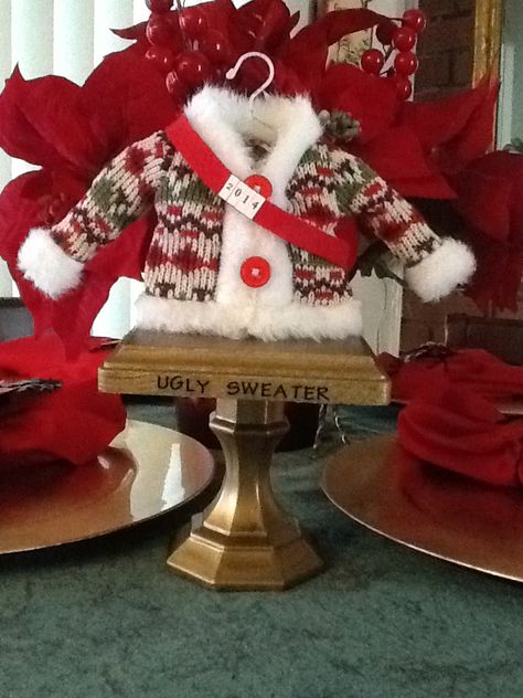 Ugly christmas sweater trophy Ugly Sweater Trophy Diy, Diy Trophies, Christmas Bonfire, Halloween Trophies, Trophy Diy, Ugly Christmas Sweater Ornament, Trophy Ideas, Tacky Christmas Party, Ugly Sweater Christmas Party