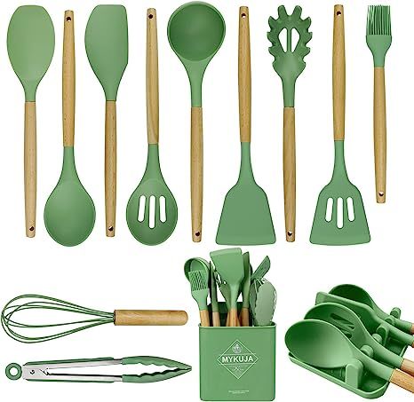 Green Kitchen Utensils, Pasta Spoon, Silicone Kitchenware, Kitchen Utensils Set, Silicone Cooking Utensils, Cooking Spatula, Brush Storage, Plastic Utensils, Silicone Kitchen Utensils