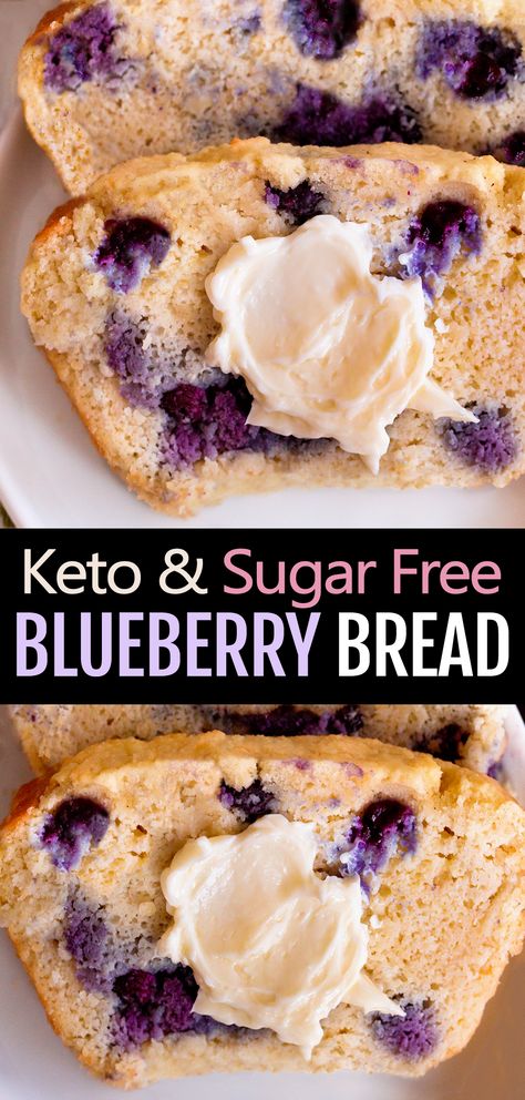 The Best Healthy Keto Blueberry Breakfast Bread Recipe Blueberry Breakfast Bread, Keto Blueberry Bread, Recipe With Almond Flour, Blueberry Bread Recipe, Sugar Free Breakfast, Low Carb Healthy, Healthy Low Carb Snacks, Chocolate Covered Katie, Keto Blueberry